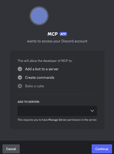 Discord developer portal showing the bot authorization page