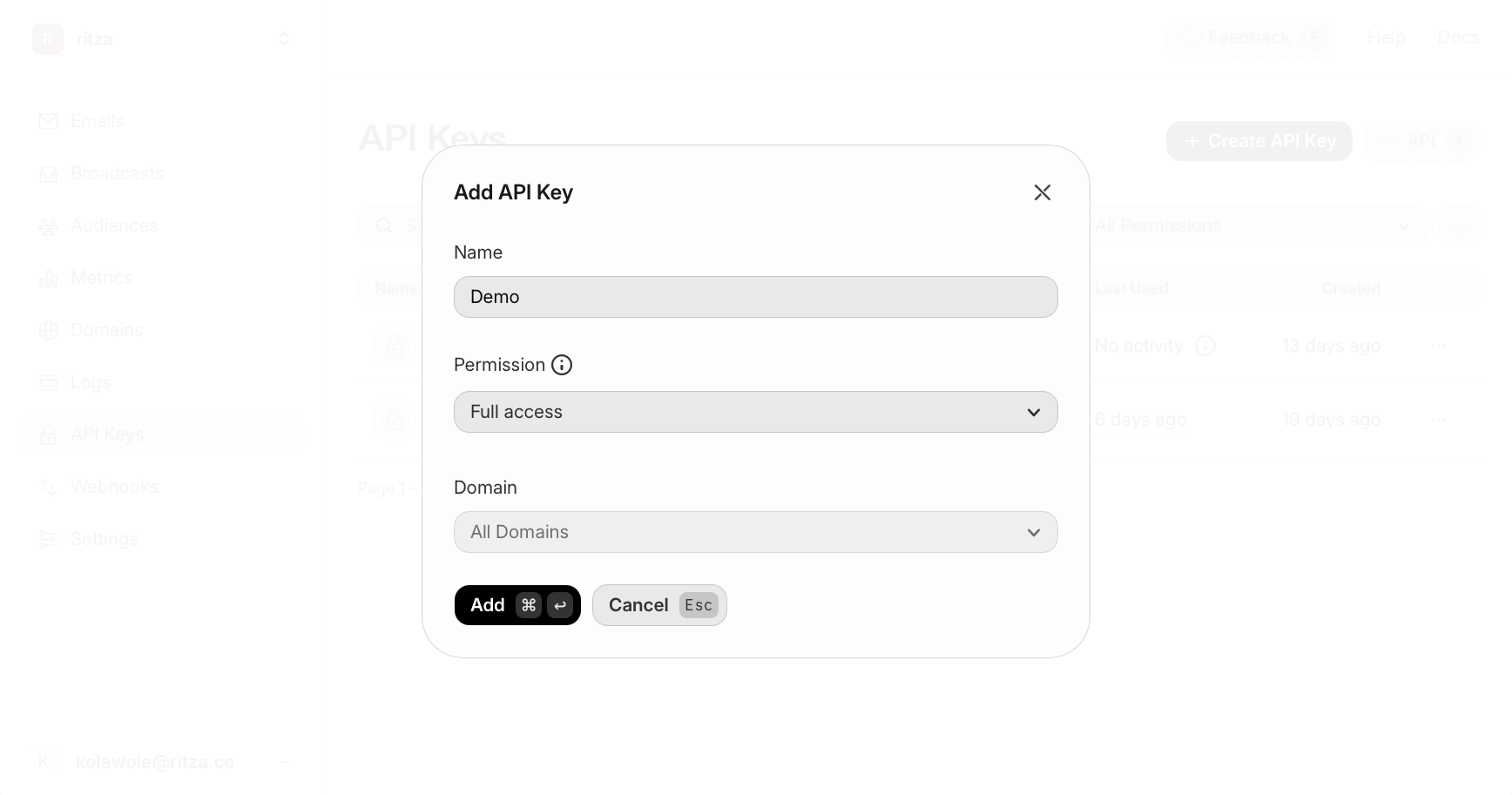 Screenshot of the "Add API Key" dialog in the Resend UI