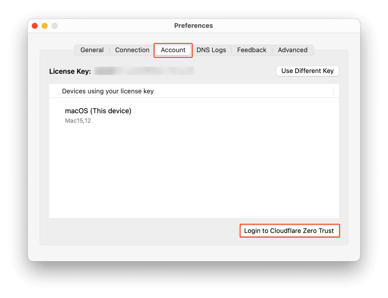 A screenshot of Cloudflare WARP preferences window shows the Account tab selected. The interface displays a license key, a section labeled Devices using your license key showing macOS (This device) Mac15,12, and a Login to Cloudflare Zero Trust button at the bottom.