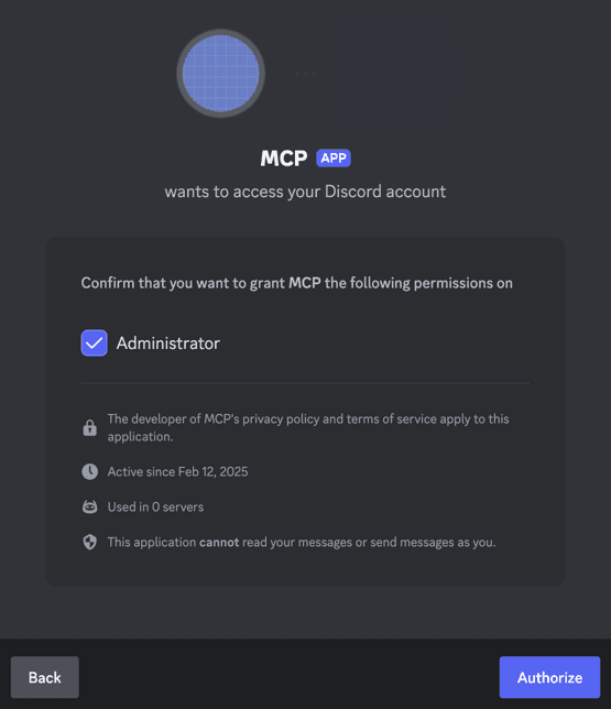 Discord developer portal showing the bot authorization page