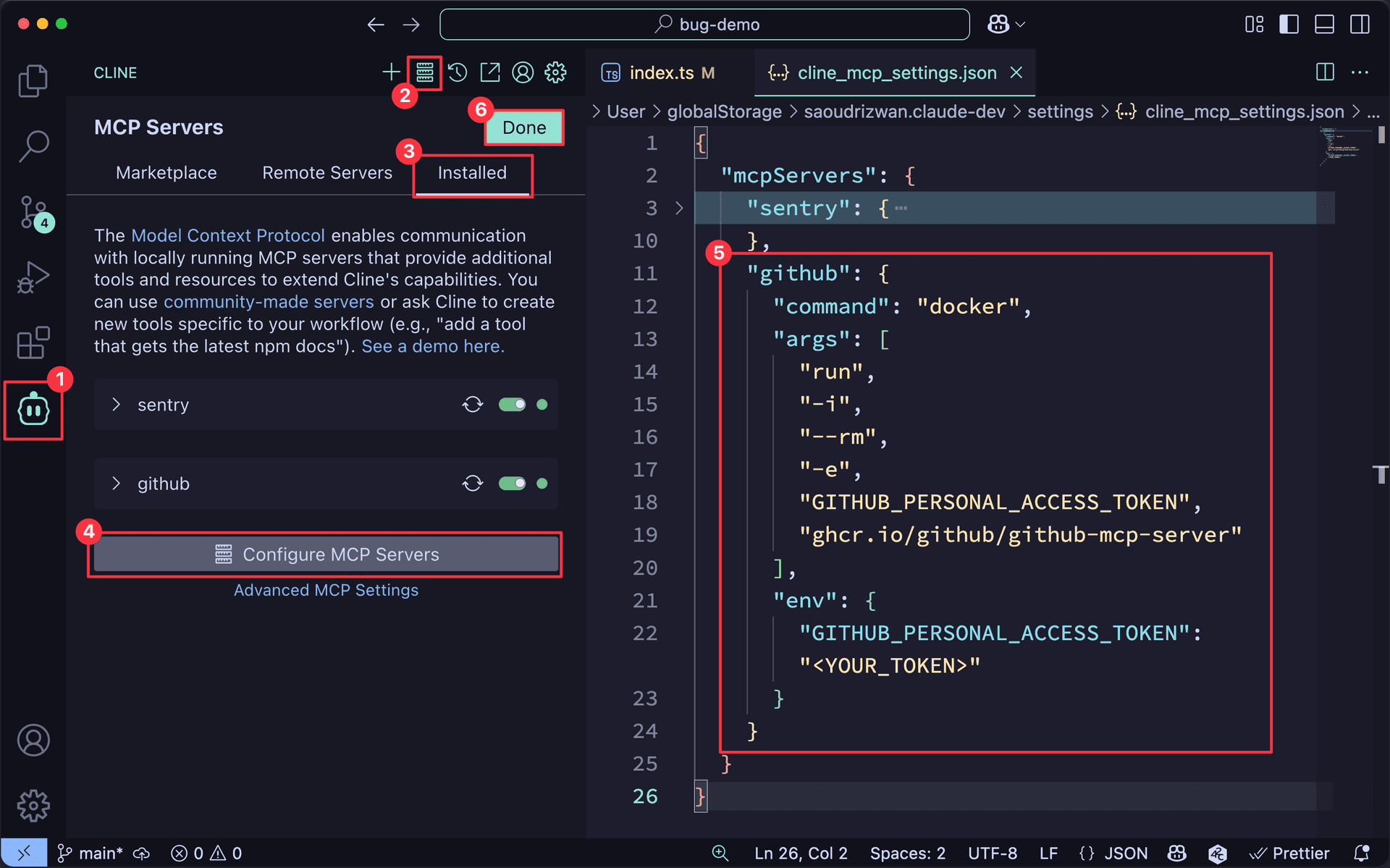 Configuring the GitHub MCP server in Cline's settings panel
