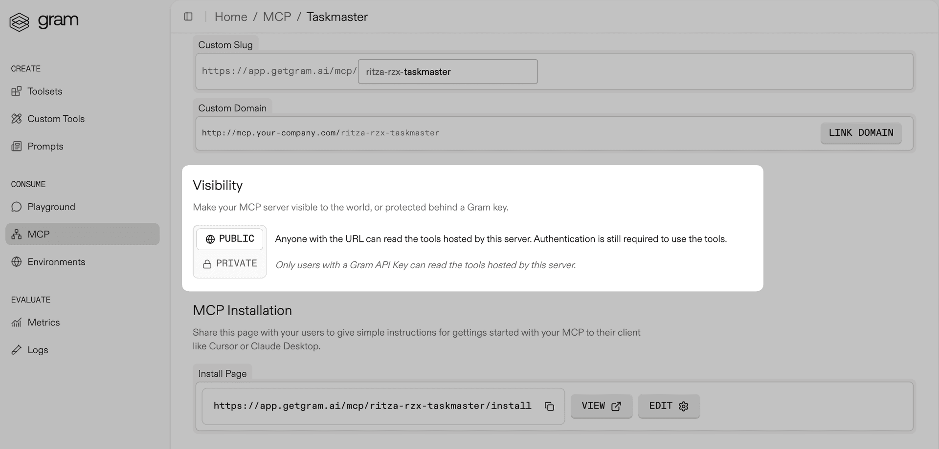 Screenshot of the MCP details page