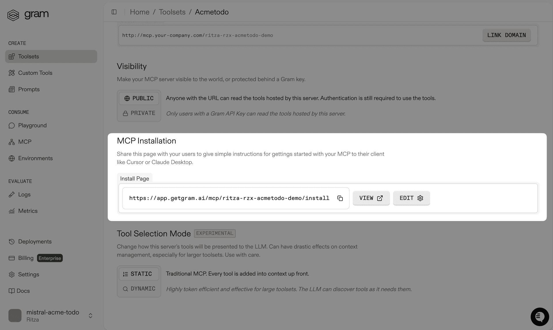 Screenshot showing the MCP server config dialog for the Acme Todo toolset