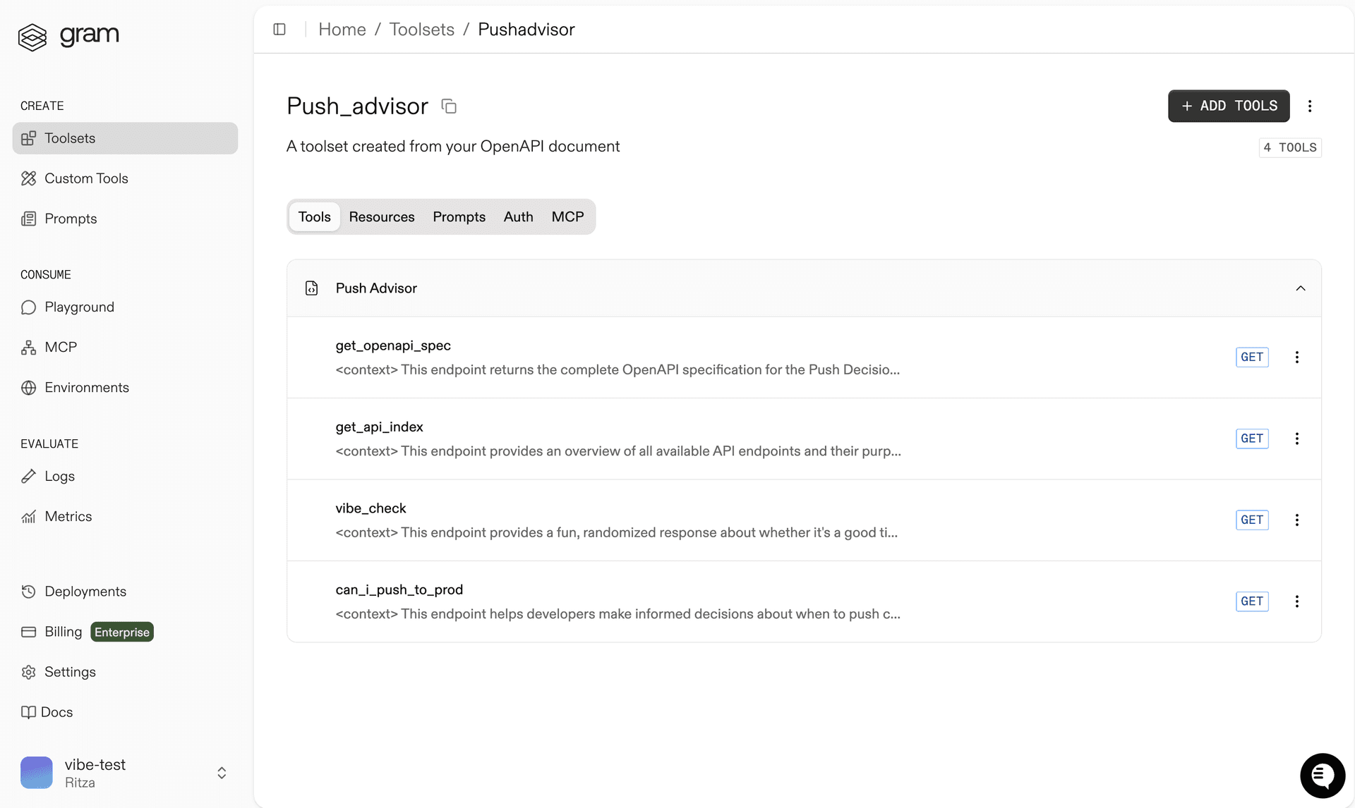 Screenshot of the Gram dashboard showing the Push Advisor toolset