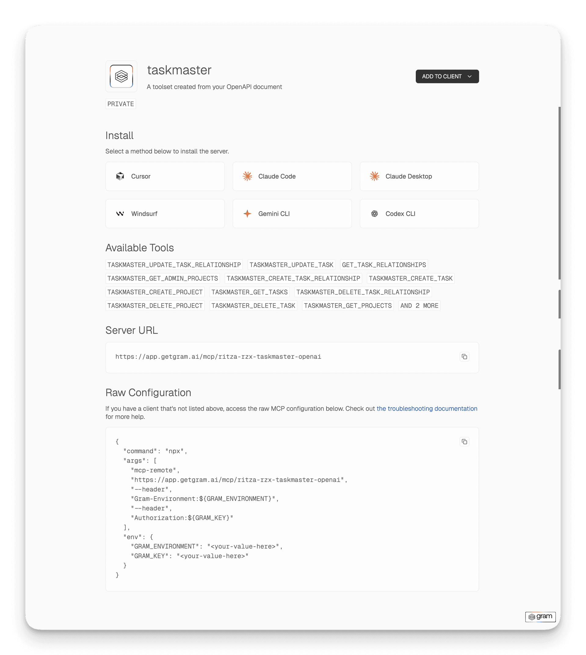 Example of a Gram-hosted MCP documentation page showing available tools and endpoints