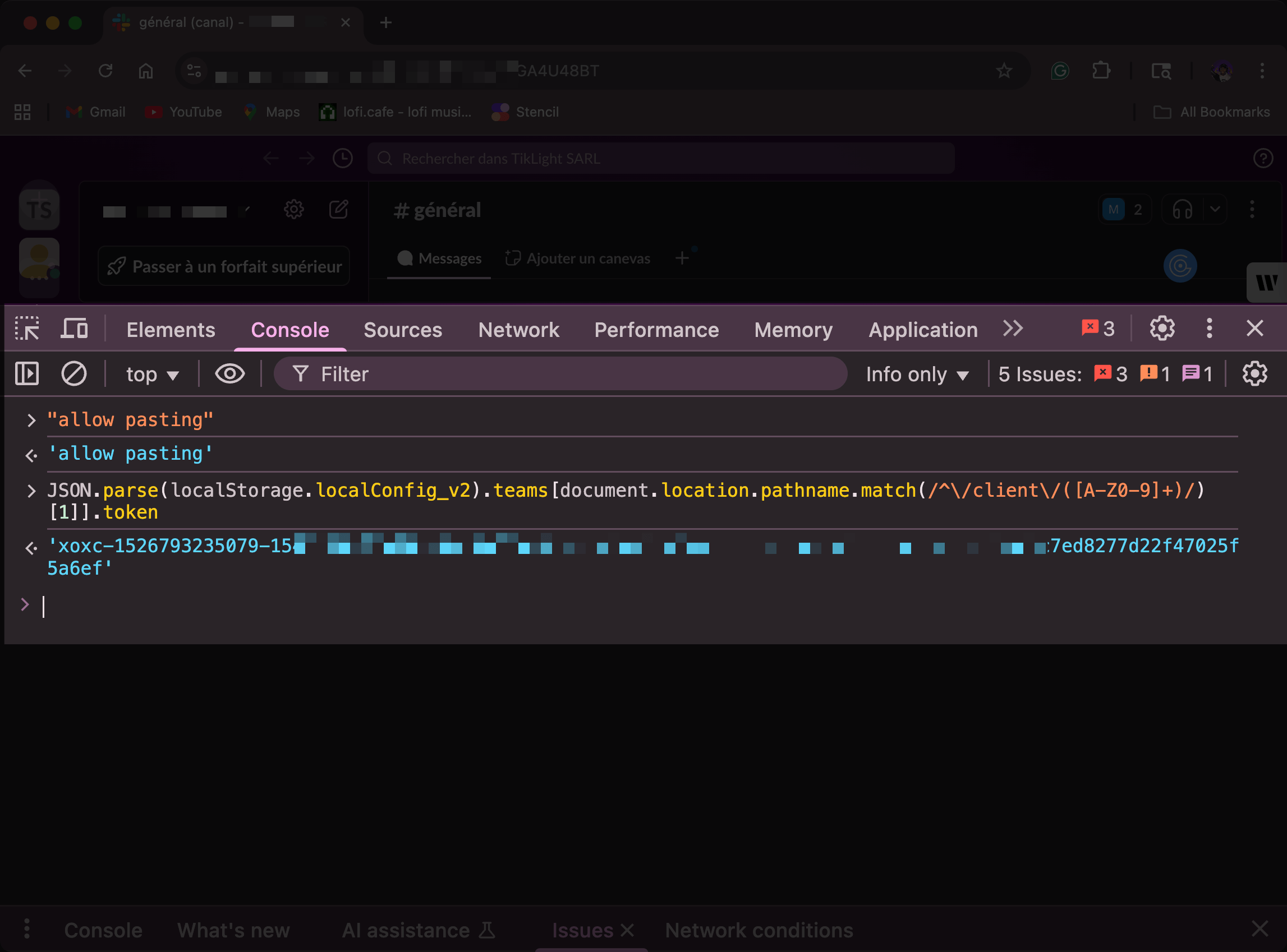 Browser developer console showing Slack xoxc token location