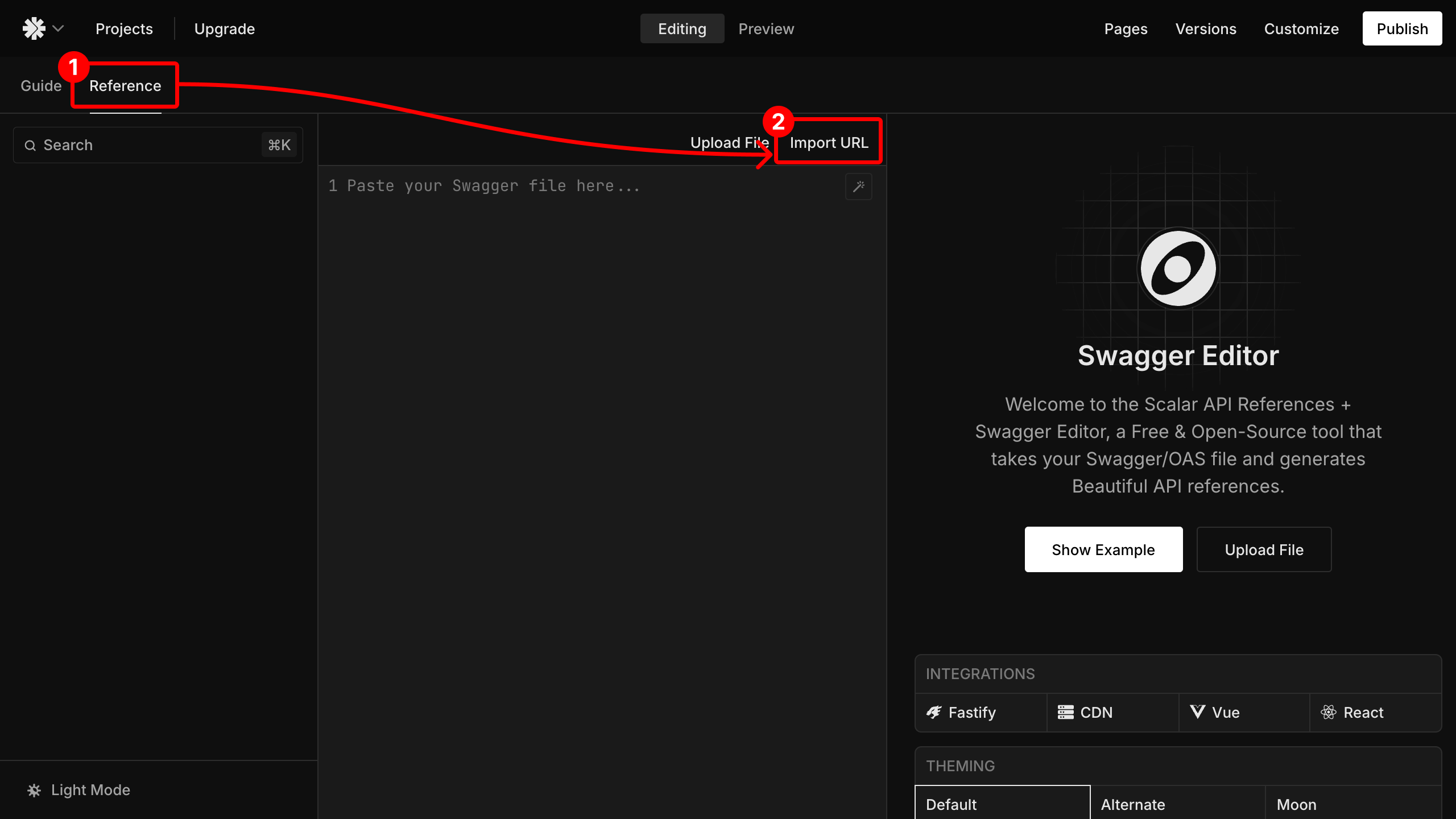 Screenshot of the Scalar UI Project Reference tab, showing the Import URL link
